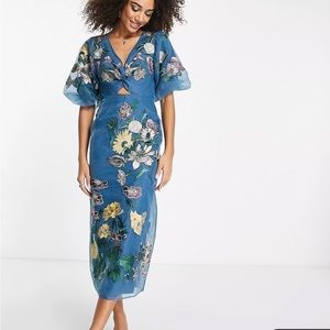 ASOS EDITION Floral Embroidered Organza Midi Dress in Steel Blue Size 8 NWT